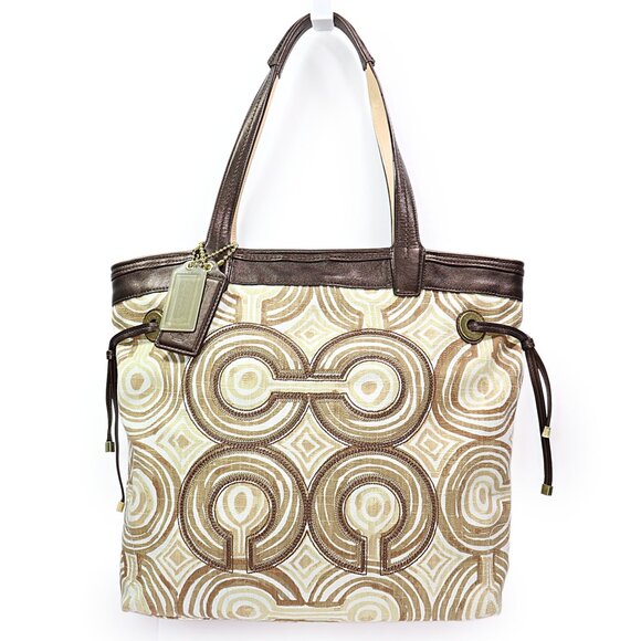 Coach Leigh Slim Tote Bag Audrey Op Art Swirl Brown Multicolor Canvas & Leather - Picture 1 of 12